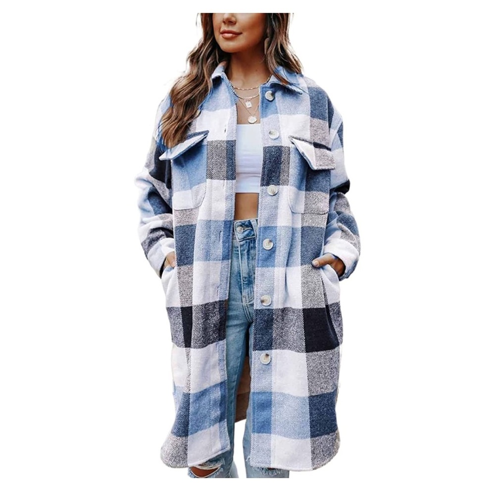 UANEO Womens Plaid Shacket Jacket Long Fall Flannel Button Down Wool Blend Coat
